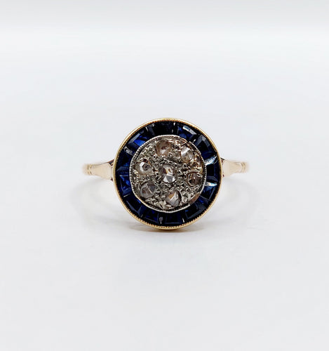 Bague 56.5 Bague cible art déco or jaune, diamants et saphirs calibrés synthétiques 58 Facettes A05652