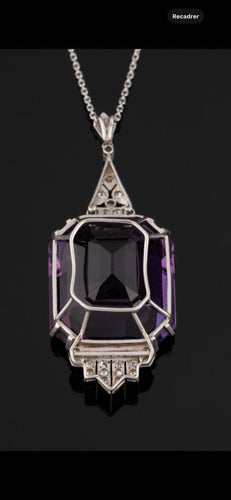 Pendentif Pendentif Art-deco en Platine et Diamants serti d'une Importante Améthyste 58 Facettes
