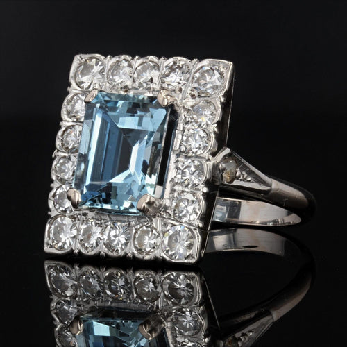 Bague 52 Bague aigue-marine rectangulaire et diamants 58 Facettes 22-223