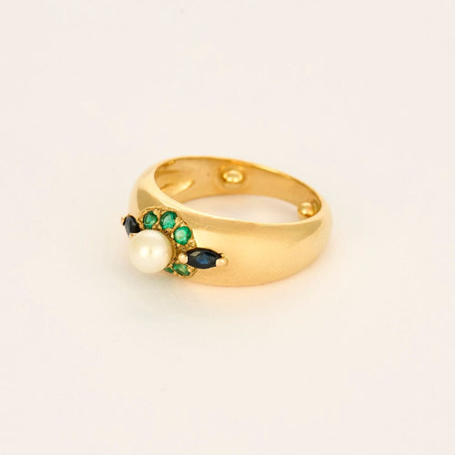 Bague en Or jaune, émeraudes, saphir et perle