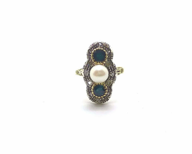 Bague Bague en or blanc et argent ornée de saphirs, de diamants et d'une perle 58 Facettes 6491