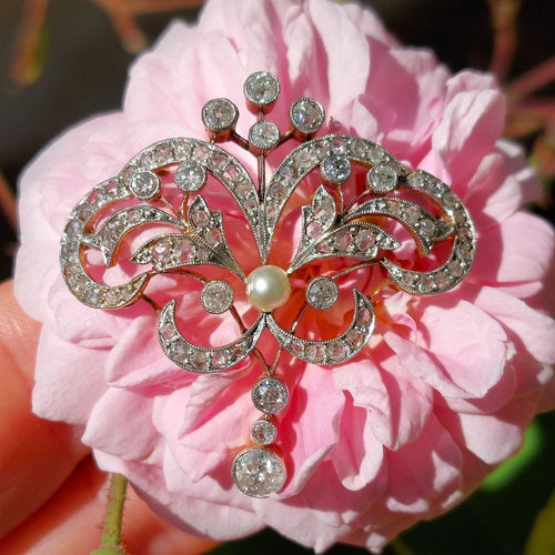 Broche Broche Art Nouveau "Constantia" transformable – Diamants, perle, or jaune et argent 58 Facettes 212