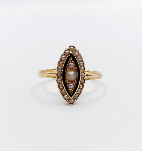 Bague 51 Bague marquise victorienne or rose 18k perles et émail noir (circa 1890) 58 Facettes A06200