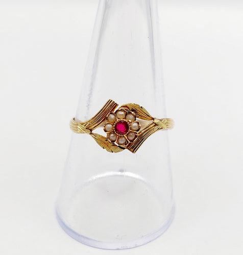 Bague 60 Bague fleur Art nouveau en or 18k, pierre rouge et perles (circa 1900) 58 Facettes A06426