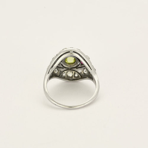 Bague 54 Bague dôme Art Déco en or blanc, cabochon de péridot et rubis 58 Facettes MB2