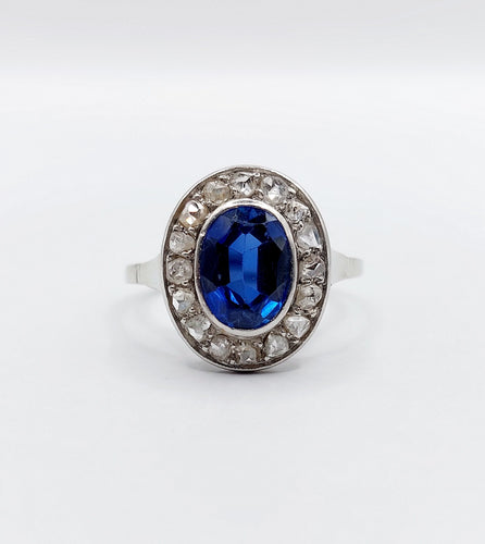 Bague 56 Bague pompadour or blanc et platine, saphir, diamants taille rose (circa 1910) 58 Facettes A04541