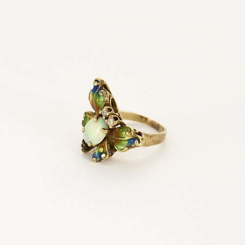 Bague 46,5 Bague or jaune à décor de papillon, opale, émail et diamants 58 Facettes B250439