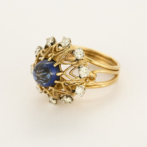 Bague 55,5 Importante bague en or jaune, or blanc, diamants et saphir de synthèse 58 Facettes BIA1089X2