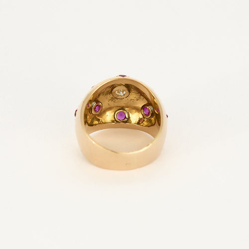 Bague dôme en or jaune, diamant et rubis de synthèse