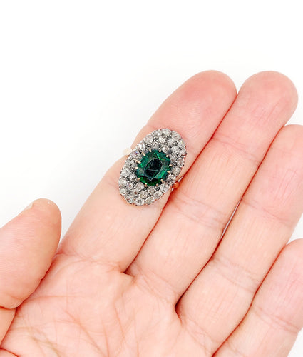 Bague 54 Bague marquise antique en or rose 18k et argent, doublet grenat vert et diamants 58 Facettes A06674
