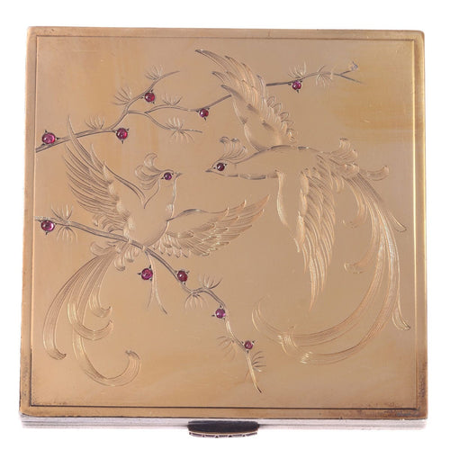 Boîte à poudre de nez en argent français avec miroir intérieur et décor en or et rubis d'oiseaux de paradis 58 Facettes 21020-0179
