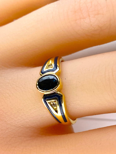 Bague 53 Bague saphir ovale et diamants en or jaune 18 carats et émail 58 Facettes AB676