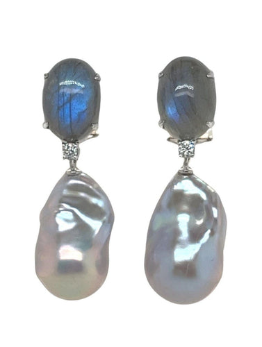 Boucles d'oreilles Boucles d'oreilles pendantes Labradorite, Perles de culture, Diamants 58 Facettes