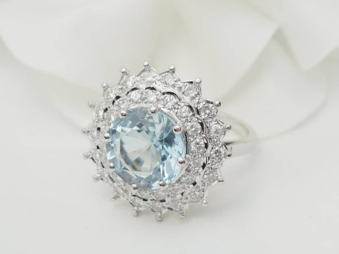 Bague 52.5 Bague entourage en or blanc et platine, Aigue marine et diamants 58 Facettes 33455
