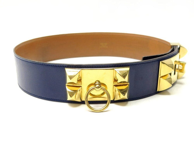 Collier ceinture HERMES medor collier de chien 70 cuir box bleu et metal dore 58 Facettes 266424