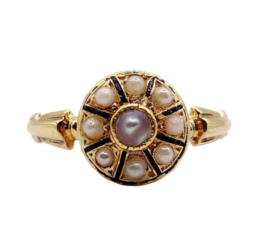 Bague 53 Bague cible antique or jaune 18k perles et émail noir (circa 1900) 58 Facettes A06001