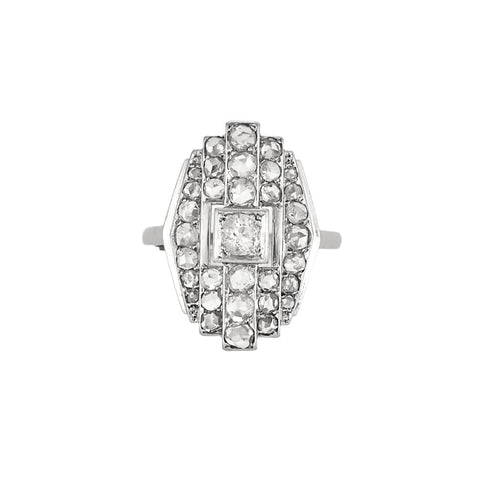 Bague Art déco en platine à motif géométrique et diamants