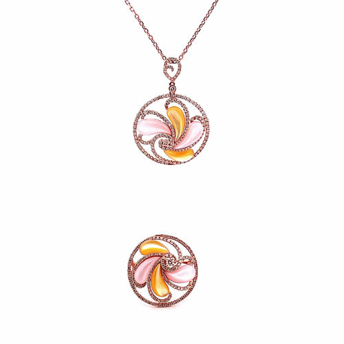 Collier Bague + collier en or rose 18 carats , pierres de lune et diamants 58 Facettes