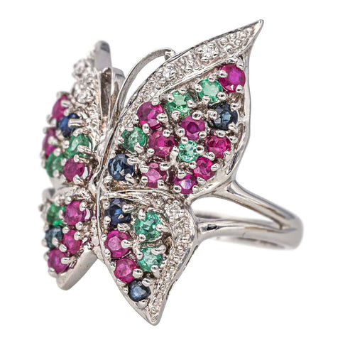 56 Bague Papillon Or blanc Rubis, Emeraude, Saphir 58 Facettes 4198263CN