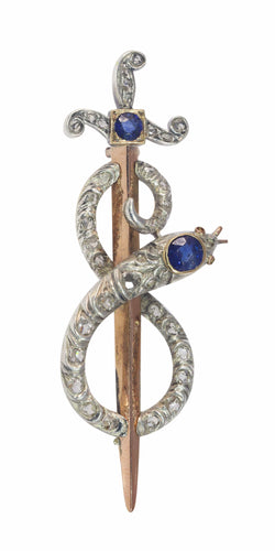 Broche Broche antique en or, diamant et saphir, serpent enroulé autour d'une épée ou d'un poignard 58 Facettes 22297-0136