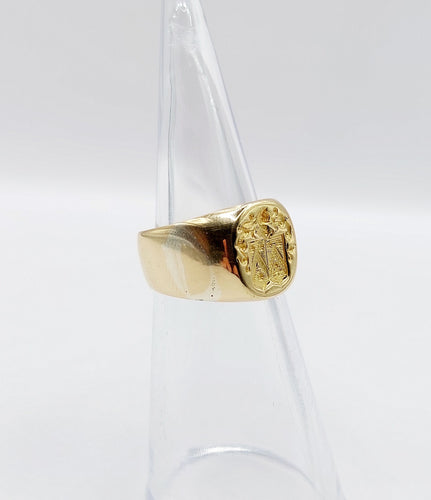 Bague 45 Chevalière antique or 18k armoiries française blason fleur, heaume et lion, sceau 58 Facettes A05250
