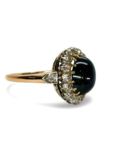 Bague ancienne or rose saphir cabochon 3,5 ct et diamants 0,60 ct 58 Facettes 1097