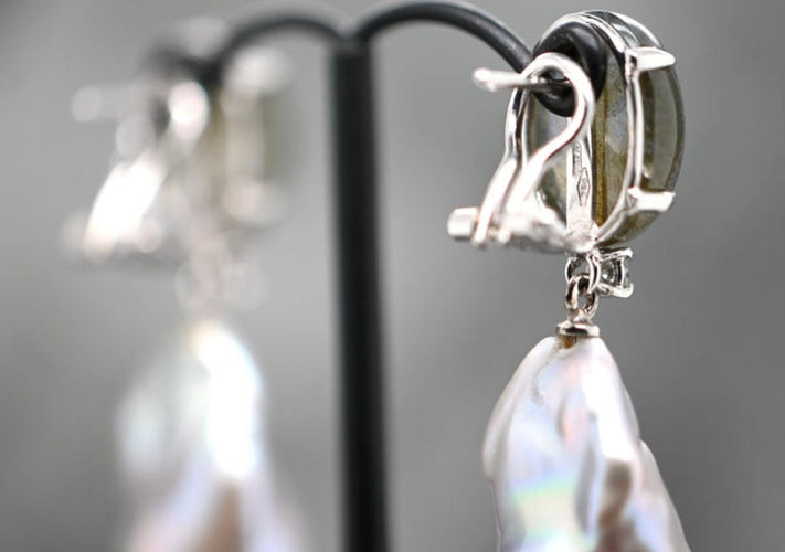 Boucles d'oreilles Boucles d'oreilles pendantes Labradorite, Perles de culture, Diamants 58 Facettes