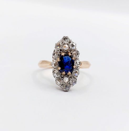 Bague 47 Bague marquise antique or rose 18k saphir synthétique taille coussin et diamants taille roses (circa 1900) 58 Facettes A05612