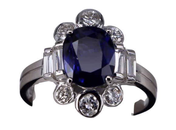 Bague 52.5 White Gold Art Déco Blue Sapphire & Diamond Ring 58 Facettes BA 67