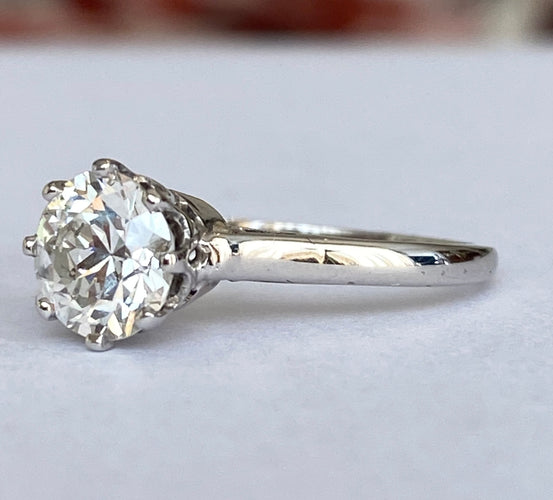 Bague 53.5 Solitaire en or, style Art déco tardif, serti d'un diamant taille brillant ancien de 1,14 carat. 58 Facettes