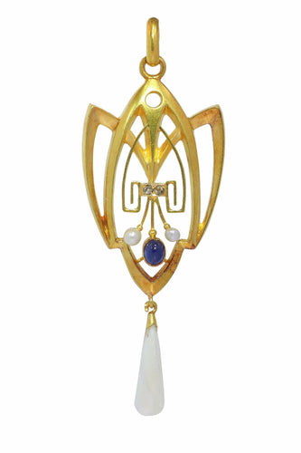 Pendentif Coup de fouet romantique : pendentif Art nouveau avec diamants, saphir et perle rare 58 Facettes 24292-0258