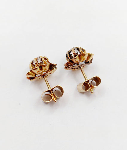 Puces d'oreilles antique or rose 18k fleurs et diamants taille roses (circa 1880 58 Facettes A06248