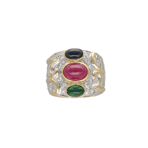 Bague Bague en or jaune 18 Cts avec saphir, rubis, émeraude et diamants vers 1990. T49 58 Facettes
