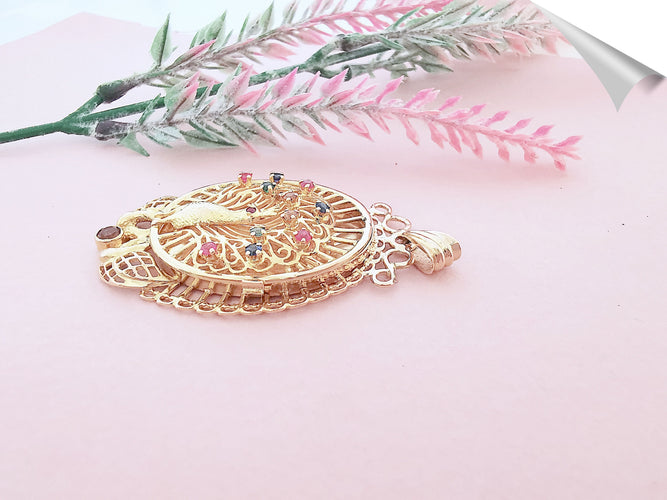 Pendentif Pendentif Paon Pierres de couleur Or Jaune 18 K 58 Facettes AA 1566
