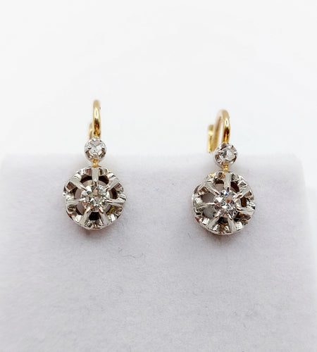 Boucles d'oreilles Dormeuses or jaune, diamants taille ancienne et diamant taille rose (circa 1900) 58 Facettes A05647