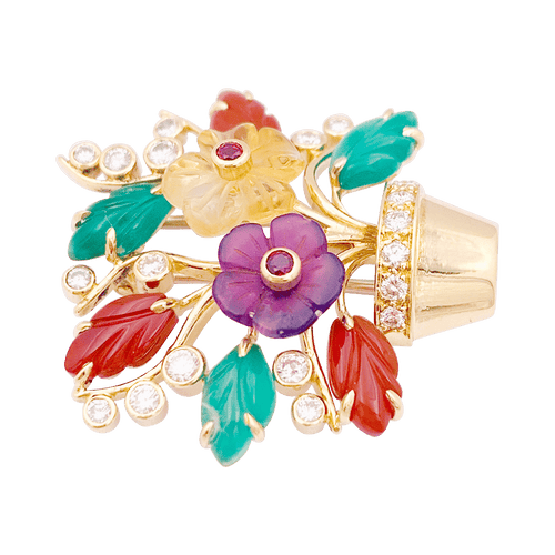 Clip "Fleurs" or jaune, diamants, rubis, pierres de couleur.