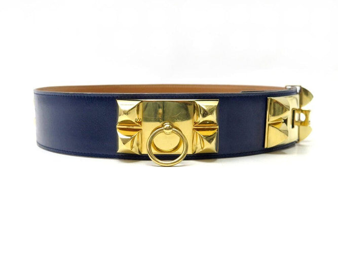 Collier ceinture HERMES medor collier de chien 70 cuir box bleu et metal dore 58 Facettes 266424