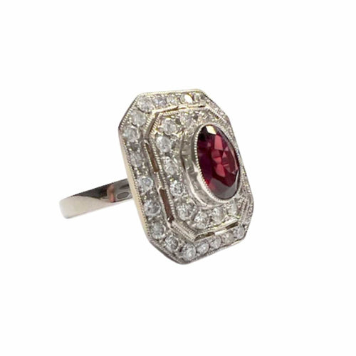 Bague 54.5 Bague en platine de style Art Déco avec diamants et grenat 58 Facettes Q35B