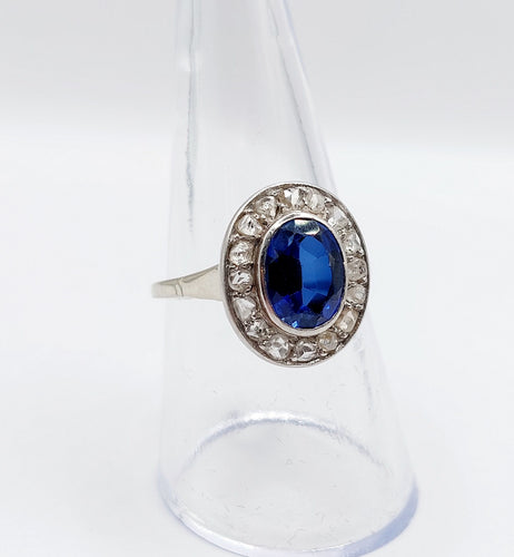 Bague 56 Bague pompadour or blanc et platine, saphir, diamants taille rose (circa 1910) 58 Facettes A04541