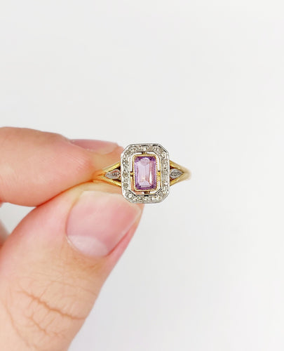 Bague 55 Bague pompadour or jaune, platine, améthyste et diamants taille rose (circa 1910) 58 Facettes A05298