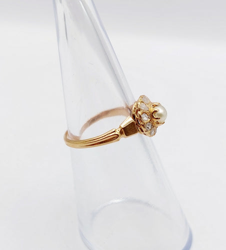 Bague 48.5 Bague marguerite antique or rose 18k perle et diamants taille roses (circa 1900) 58 Facettes A06176
