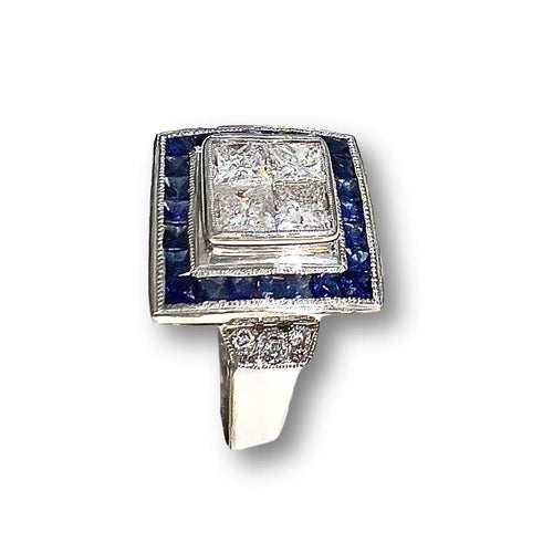 Bague SORTIJA ESTILO ART DECO de PLATINO Y ORO con DIAMANTES y ZAFIROS 58 Facettes Q600A