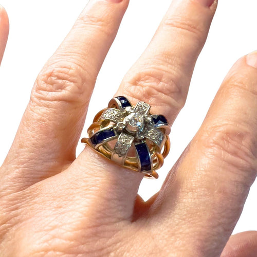 Bague Bague rétro des années 40 en or et platine avec diamants et saphir 58 Facettes CH52(04553)