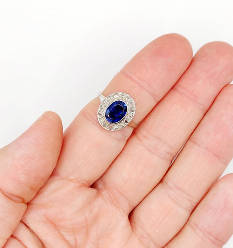 Bague 56 Bague pompadour or blanc et platine, saphir, diamants taille rose (circa 1910) 58 Facettes A04541
