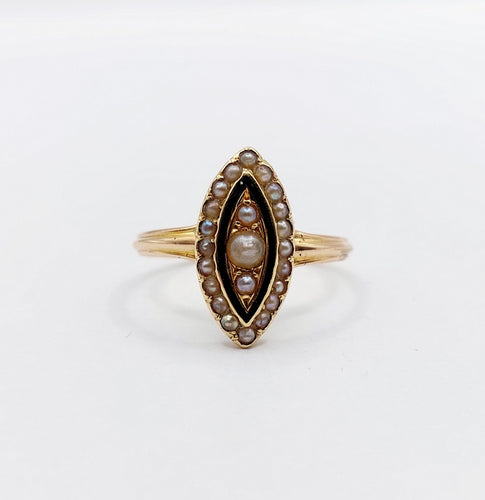 Bague 51 Bague marquise victorienne or rose 18k perles et émail noir (circa 1890) 58 Facettes A06200