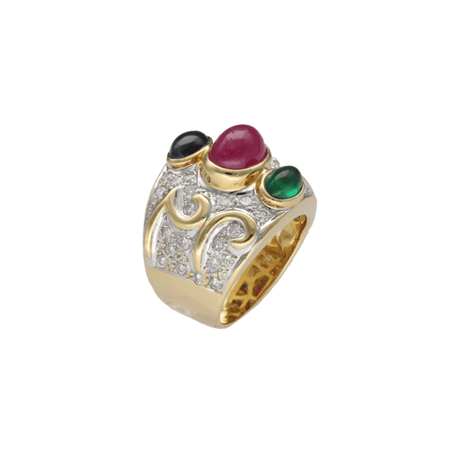 Bague Bague en or jaune 18 Cts avec saphir, rubis, émeraude et diamants vers 1990. T49 58 Facettes