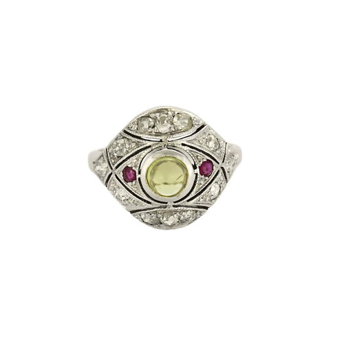 Bague 54 Bague dôme Art Déco en or blanc, cabochon de péridot et rubis 58 Facettes MB2
