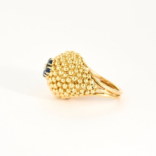 Bague 50 Bague boule vintage en or jaune 18K sertie de 6 saphirs et d'un rubis 58 Facettes