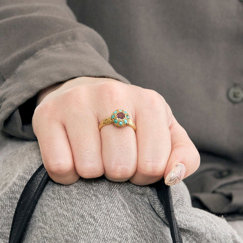 Bague 55 Bague or jaune ciselé, turquoise et pierre violette 58 Facettes EVR25714