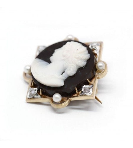 Broche Camée - Or jaune, diamants et perles